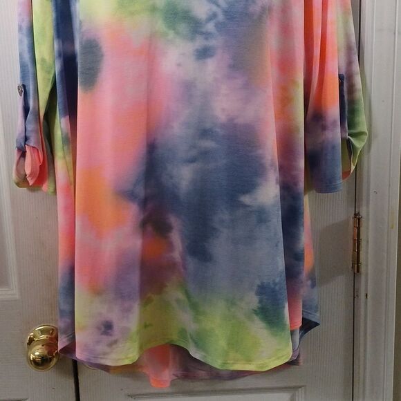 HoneyMe tie dye tunic multicolor blouse spring summer fun blouse Sz XL NWT - Picture 2 of 9